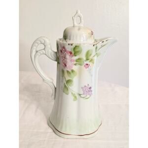 Vintage Japanese Floral Porcelain Chocolate Pot w/Lid 9" Tall White Pink Green